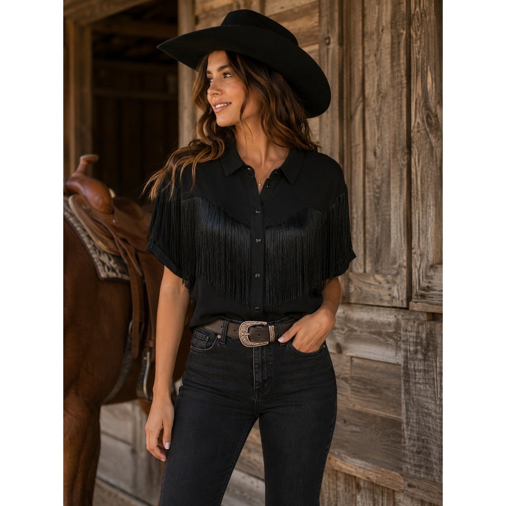 Idyllwind Black Fringe Western Button Front Blouse XLMiranda Lambert Cowgirl Top